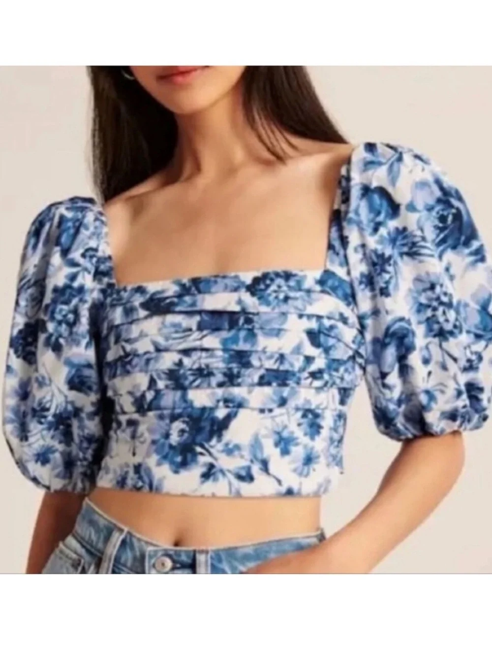 Abercrombie + Fitch Emerson Blue White Floral Smocked Puff Sleeve Top Size XL